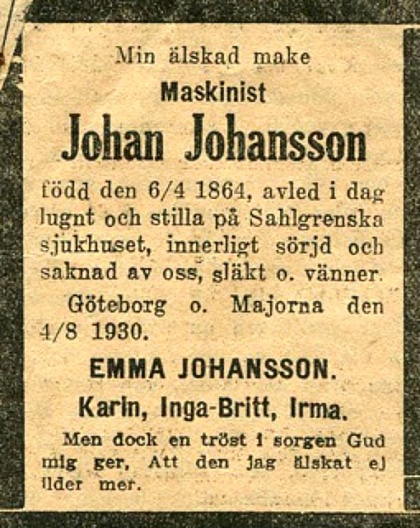 Urklipp från Irma Meyer, 92 år, Skövde - adoptivdotter till Emma Johansson, vid besök i Skövde 2014