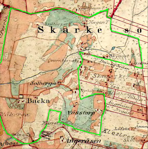 Grön markering utgör Backa gårds ekonomiska gräns 1877. (Lantmäteriet Historiska Kartor)