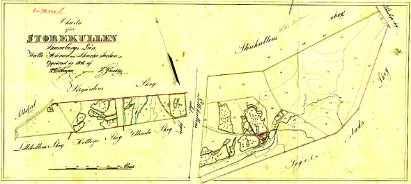 Storskiftesdelen 1803 till vänster och ursprungliga Storekullen till höger, med Lillekullens mark däremellan. Klicka på kartan för att se den större!