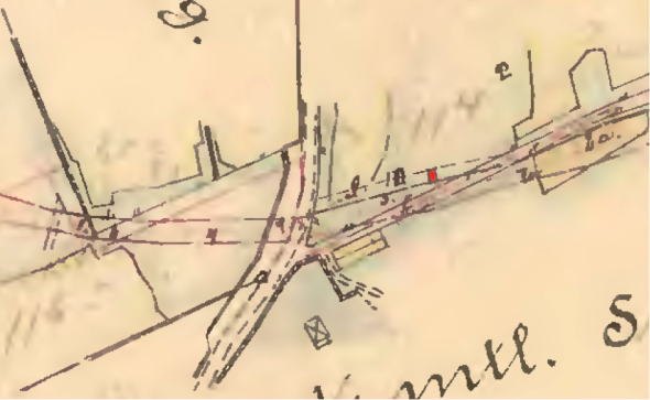 Exproprieringskarta 1902 Skövde Axvalls Järnväg, Lantmäteriet Historiska Kartor, - inhysesstugan markerad med rött inom huskroppen utmärkt på kartan, Kent Friman, 2014.