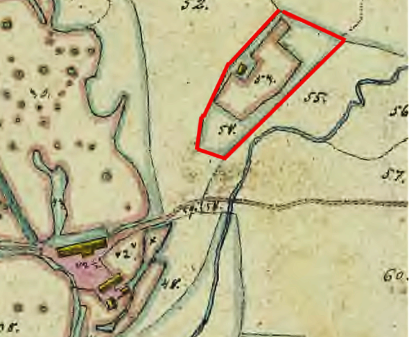 Intäkt med husbygge visad på karta - markerad med rött. Lantmäteriet Historiska kartor