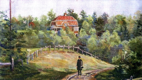 Prosten Hemberg på spåret nedanför familjen Hembergs sommarhus Signelid i Ljungstorp. Foto av en färgglad akvarell av Signe Hemberg 1915. Originalet förvaras troligen på Skövde Stadsmuseum.