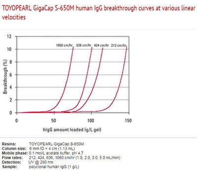 Toyopearl Gigacap S-650M human lgG breakthrough curves at varioous linear velocities