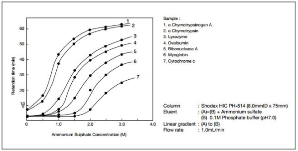 Effekten av ammoniumsulfat-koncentrationen i eluenten på retentionen för olika proteiner
