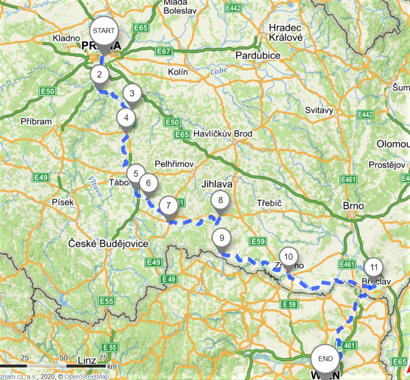 Översiktskarta över cykelrutten från Prag till Wien med Globalrunners längs Gröna Bandet.  Exakt rutt får du om du bokar resan med GPS koordinater.
