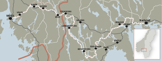Karta över Unionsleden. Börja i Moss, Töcksfors eller Karlstad och cykla västerut eller österut, du väljer håll och sträcka.