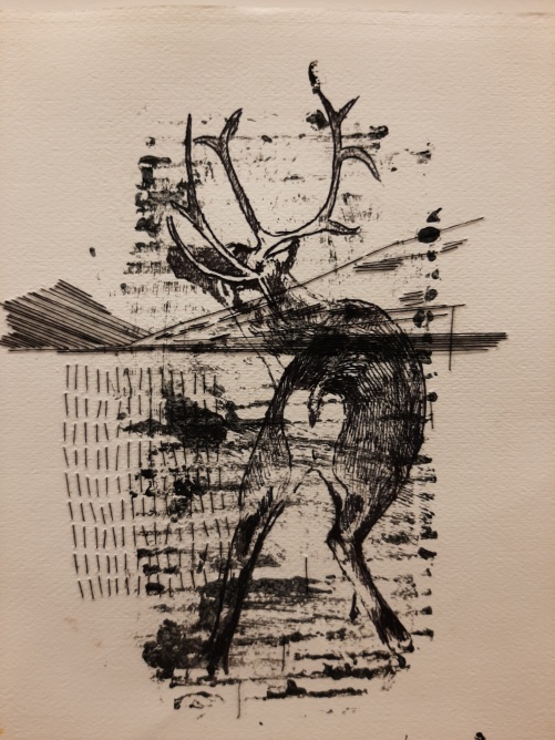 "III" , 38 x 32 cm. Tryck,broderi och tusch teckning på lablesk. Papper som labratorier använder