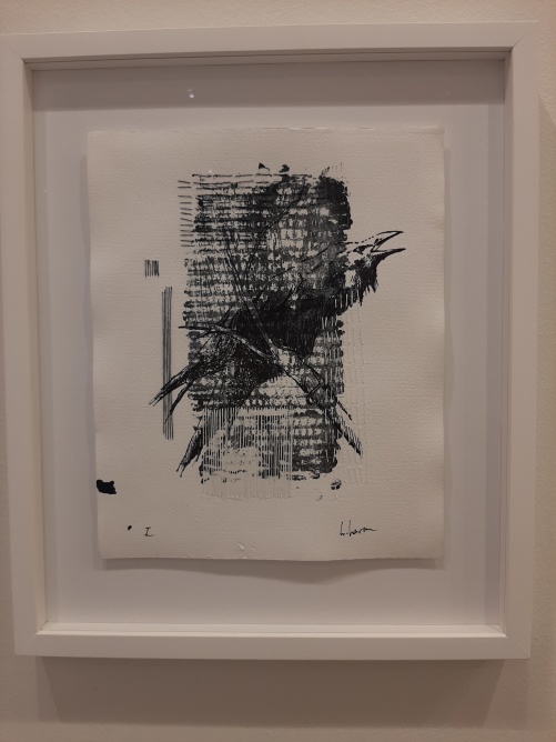 "I", 38 x32 cm. Tryck,broderi och tusch teckning på lablesk. Papper som labratorier använder
