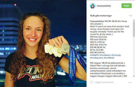 Så här är vi van att se henne nu - Katinka Hosszu. Näven full med medaljer från World Cup. Den här helgen blev det 11 guldmedaljer från deltävlingen i i Singapore och hon leder tävlingen överlägset. Så här är vi van att se henne nu - Katinka Hosszu. Näven full med medaljer från World Cup. Den här helgen blev det 11 guldmedaljer från deltävlingen i i Singapore och hon leder tävlingen överlägset.