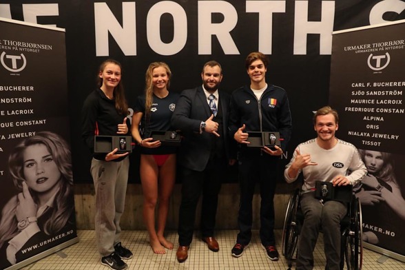 BESTEMANNSPREMIER: Nina Kost, Marte Løvberg, Robert Glinta og Andreas Bjørnstad. FOTO: North Sea Swim Meet. BESTEMANNSPREMIER: Nina Kost, Marte Løvberg, Robert Glinta og Andreas Bjørnstad. FOTO: North Sea Swim Meet.