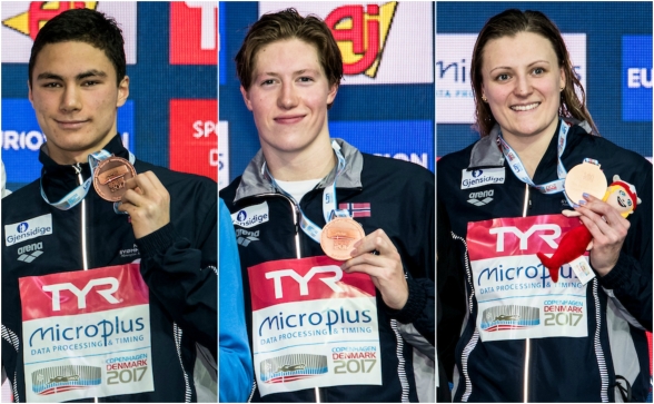 MEDALJEVINNERE: Tomoe Zenimoto Hvas, Henrik Christiansen og Susann Bjørnsen med bronsemedaljene fra DEN fredagen. FOTO: Giorgio Scala/deepbluemedia. Montasje: Simma Norge MEDALJEVINNERE: Tomoe Zenimoto Hvas, Henrik Christiansen og Susann Bjørnsen med bronsemedaljene fra DEN fredagen. FOTO: Giorgio Scala/deepbluemedia. Montasje: Simma Norge
