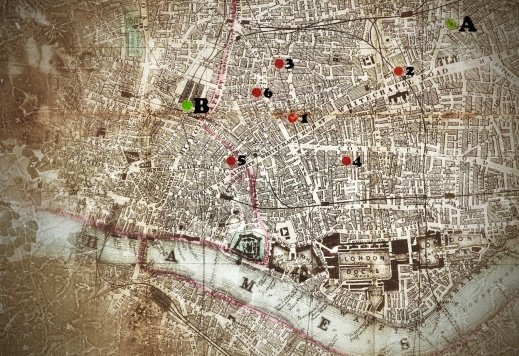 Jack the Rippers mordplatser i Whitechapel (London) och Charles Lechmeres bostad (A) och arbetsplats (B).