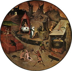 Detail from "The Seven Seadly Sins and the Four Last Things" by Hieronymus Bosch, depicting the specific eternal punishments that will be unleashed on the sinners - unless they repent. On the right side, a greedy man is being boiled in liquid gold.