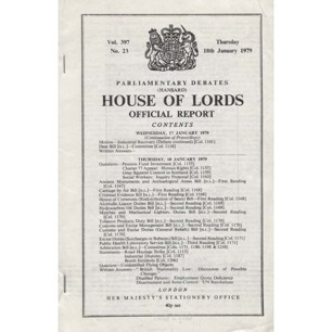 House of Lords. Official report. Parliamentary debates. Vol. 397 no. 23, Thursday 18th January 1979