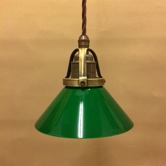 Mörkgrön 15 cm skomakarskärm med antikt/brunt tygsladdsupphäng - 150mm grön skomakarelampa med tvinnat brunt tygsladdsupphäng