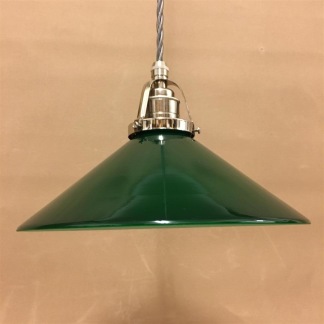 Mörkgrön 25 cm skomakarskärm med nickel/grå tygsladdsupphäng - 250 mm grön skomakarelampa med tvinnat grått tygsladdsupphäng