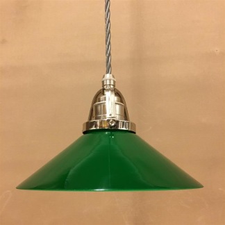 Mörkgrön 20 cm skomakarskärm med nickel/grå tygsladdsupphäng - 200 mm grön skomakarelampa med tvinnat grått tygsladdsupphäng