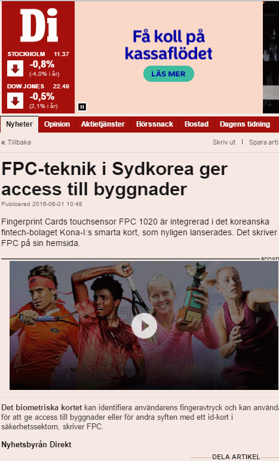 Fingerprints kort kan nu ge access till byggnader i Korea, det skriver di.se på sin hemsida (källa: di.se) Fingerprints kort kan nu ge access till byggnader i Korea, det skriver di.se på sin hemsida (källa: di.se)