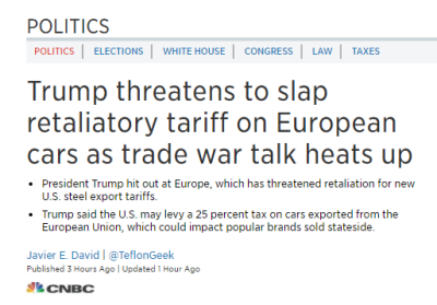 Trump hotar med att höja tullarna för bilar, om EU vedergäller med att höja tullarna för USA som motåtgärd för tullhöjningen på stål och aluminium (Källa: CNBC) Trump hotar med att höja tullarna för bilar, om EU vedergäller med att höja tullarna för USA som motåtgärd för tullhöjningen på stål och aluminium (Källa: CNBC)
