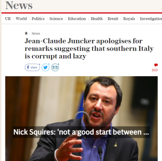 Matteo Salvini (ovan) uppskattade tydligen inte Jean Claude Juncker och EU:s förolämpning - när EU anklagar italienarna för att vara lata och korrupta (källa: The Daily Telegraph UK) Matteo Salvini (ovan) uppskattade tydligen inte Jean Claude Juncker och EU:s förolämpning - när EU anklagar italienarna för att vara lata och korrupta (källa: The Daily Telegraph UK)