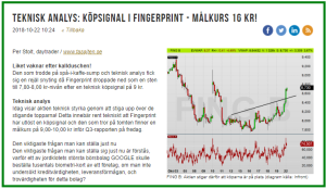 FING B dagschart: Analaysen från den 22 okt 2018 - där Fingerprint fick köpsignal på 8,73 kr (diagram källa: Infront) FING B dagschart: Analaysen från den 22 okt 2018 - där Fingerprint fick köpsignal på 8,73 kr (diagram källa: Infront)