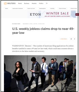 Allt färra anmäler sig som arbetslösa i USA. Just nu befinner sig nivå på 49 års-lägsta (källa: Reuter) Allt färra anmäler sig som arbetslösa i USA. Just nu befinner sig nivå på 49 års-lägsta (källa: Reuter)