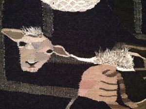 En detalj från en av Hannahs vävnader. Fåret är ca 25-30 cm brett och hela bonaden ett par meter bred. En detalj från en av Hannahs vävnader. Fåret är ca 25-30 cm brett och hela bonaden ett par meter bred.