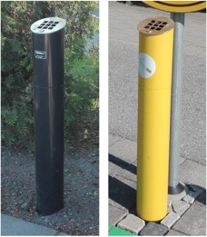 Ashtrays on bus stops, one camouflaged and one very visible Ashtrays on bus stops, one camouflaged and one very visible