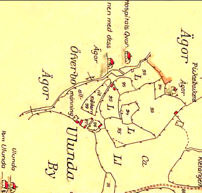 Ulunda by 1794 - tilldelning - Kartan vänd med norr rakt upp! Ungefärligt!