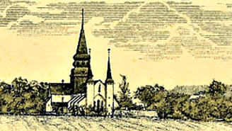 Varnhems Klosterkyrka. Del av grafiskt tryck på aktiebrev för Skövde - Axvalls Järnväg 1903