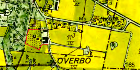 Hus- och ekonomibyggnadsplats för Sörgården markerad med rött på 1960-talskartan.
