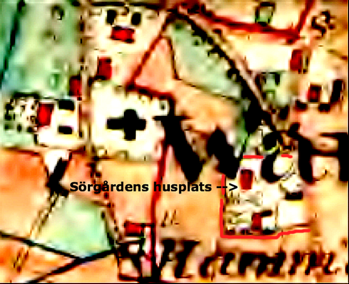 Sörgårdens husplats; två boningshus, ladugård & andra ekonomibyggnader markerade med rött. Karta 1877 Lantmäteriet Historiska Kartor