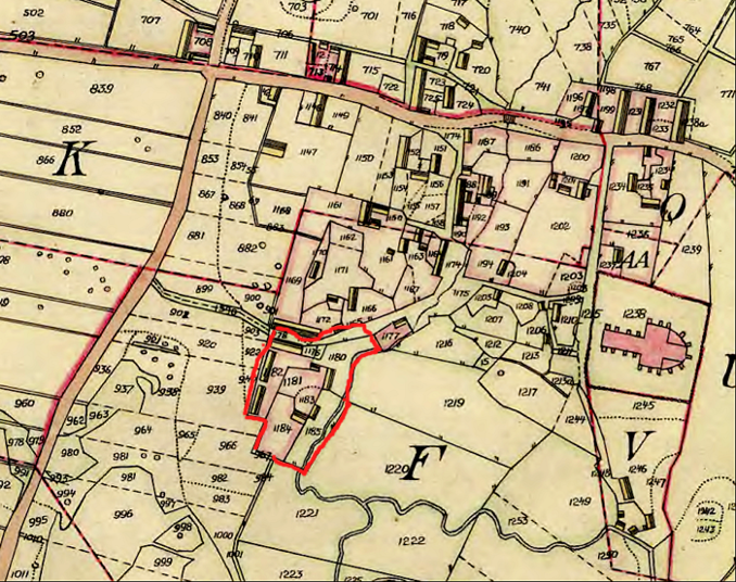 Pickagården med rött utmärkt avseende hus- ladugårdsplats, mm karta 1844