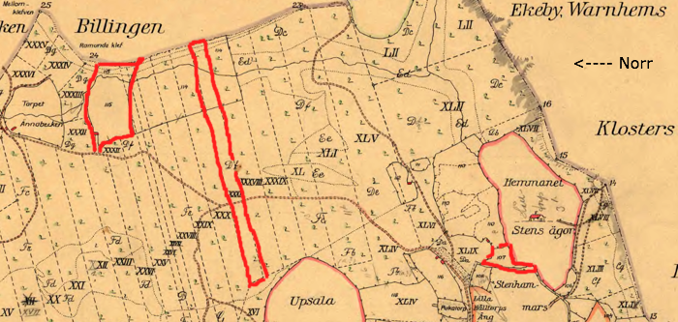 Pickagården i Billingeliderna 1803 års karta med röd markering