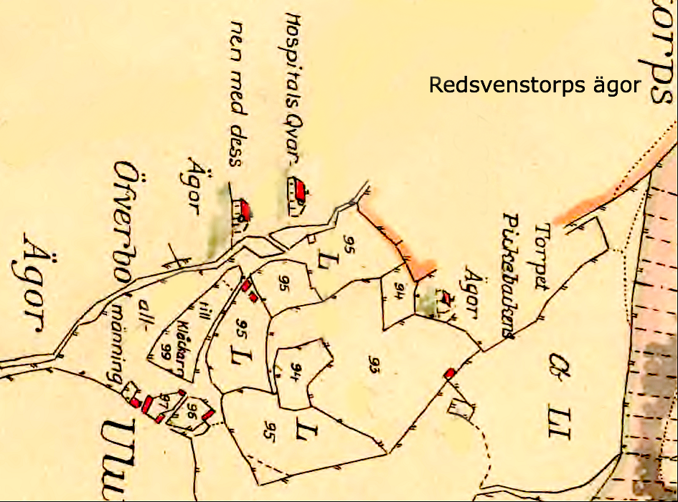 Så här markerades Smedsgårdens Ryttarboställe på 1794 års karta. Bostället finns beskrivet i texten som Nr 97 = Smedsgårdens Ryttaretorp. Karta 1794 som underlag till storskiftet 1803 av Billingelider