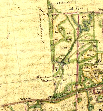 Karta 1838 över Himmelskällan på Ulundas mark med utritad körväg (X) och kurplatsen utmärkt. F= Himmelskällan med bl a Ledsängen 299 och Ledsängsmossen 486.