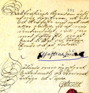 Bouppteckningsuppgivare Christina Lundahls underskrift  16 januari 1765 - efter mormoderns död 1764 i december - med tillstånd av www.arkivdigital.se