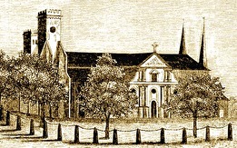 Skara Domkyrka före 1864 - Hospital lär här vid Domkyrkan blifvit anlagdt begåfvadt d 1 Aug 1293. (Erik Tuneld)