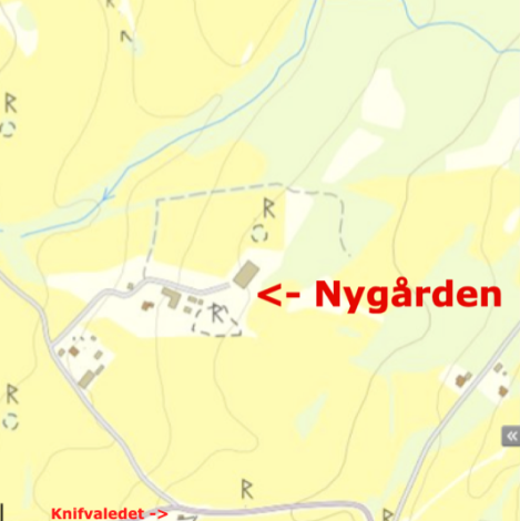 Nygården på karta från lantmäteriets sökfunktion med Nygården 3 söder om sig.. Delar av Ängerås gamla kyrkväg finns utmärkt på bilden med blå streck.
