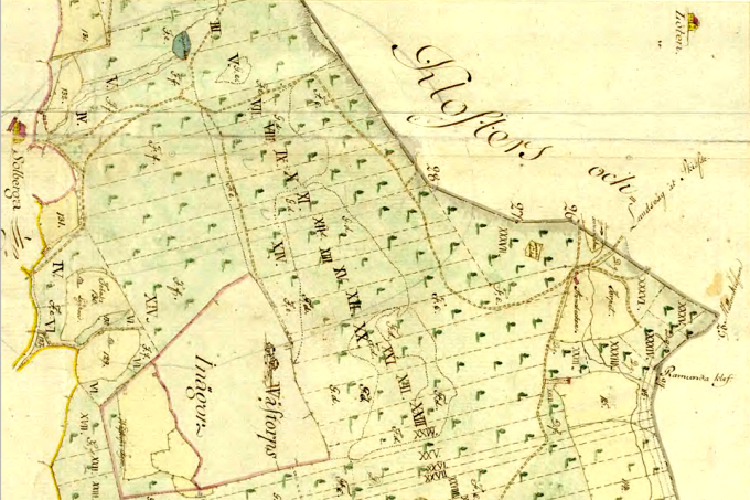 Alternativ karta för bl a Skarke bys skiften i Billingeliderna 1803 - kartan vänd ett halvt varv för att visa ungefärligt norr uppåt!