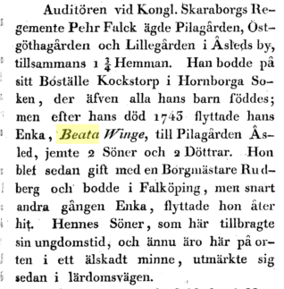 Beatas Falcks mor hette också Beata Ur boken beskrifning öfver Åsleds Församling i Skaraborgs Lan av Nils Salander - tryckt 1811