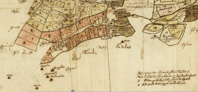 Karta 1701 - underlagskarta till geometrisk afvmätning av Wäbergia by. Klicka på kartan för större bild!