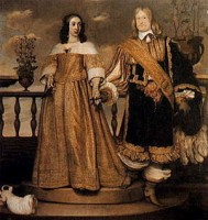 Prinsessan Maria Eufrosyne av Sverige med maken Magnus Gabriel De la Gardie – hennes högre börd markeras genom att maken står ett halvt trappsteg ned (målning: Hendrik Münnichhoven 1653).