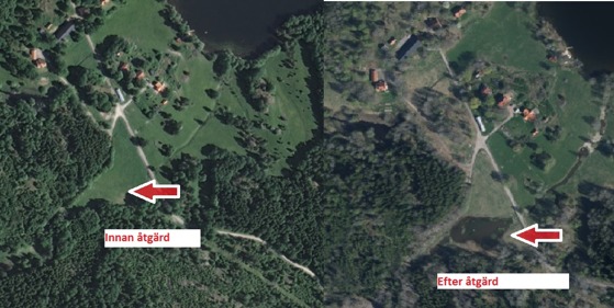 Flygbild över området där våtmarken har anlagts. Se skillanden mellan före och efter.
