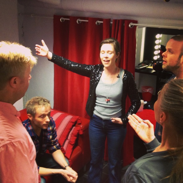 The Real Group warming up before performance. From the left: Anders Jalkéus, Anders Edenroth, Emma Nilsdotter, Morten Vinther and Katarina Henryson The Real Group warming up before performance. From the left: Anders Jalkéus, Anders Edenroth, Emma Nilsdotter, Morten Vinther and Katarina Henryson