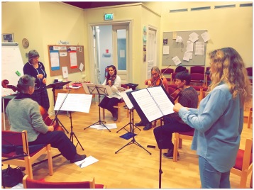 Rehearsal with composer Maria Löfberg, strings and soprano Tove Dahlberg.