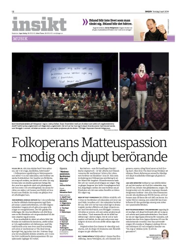 Review St Matthew Passion Tidningen Dagen 03-04-2014