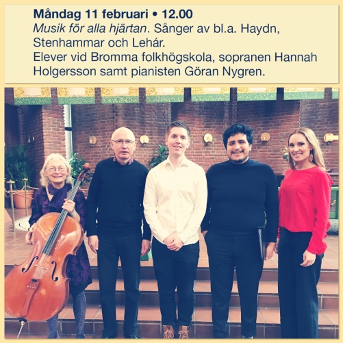 Göran Nygren and Hannah Holgersson with music students from Bromma Folkhögskola after lunch concert in Immanuelskyrkan, Stockholm.