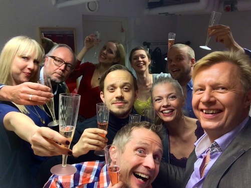 Party in the dressing room after the last performance of St Matthew Passion! From the left: Janna Vettergren, Lars Arvidson, Hannah Holgersson, Conny Thimander, Anders Edenroth, Emma Nilsdotter, Katarina Henryson, Morten Vither and Anders Jalkéus.