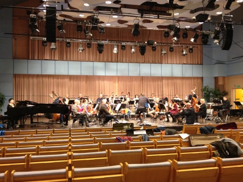 Dalasinfoniettan, conductor Alexander Hanson and Nils Landgren during rehearsal in Kristinehallen, Falun.